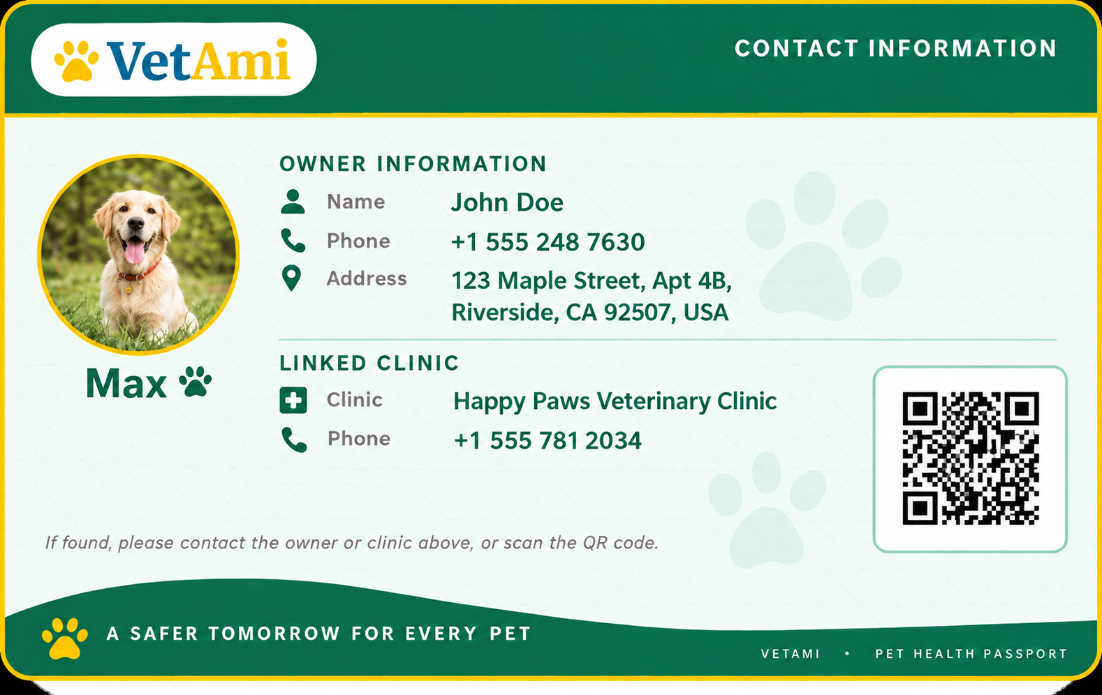 VetAmi Pet ID Card back